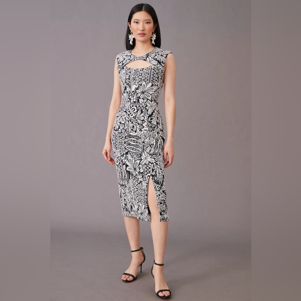 Anthropologie Tropical Print Jacquard Cut-Out Midi Dress